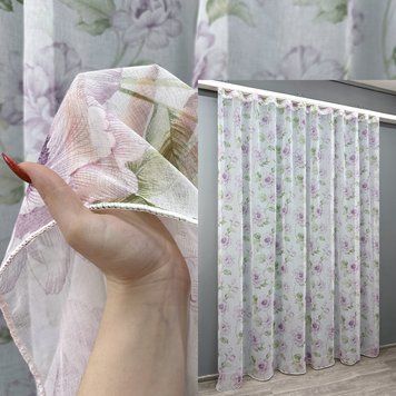 Тюль батист, колекція "Flora" колір білий з бузковим та салатовим 1367т, Готова тюль з тасьмою (3х2,7 м.), 3,0 м., 2,7 м., 300, 270, 1,5 - 2 м., Тасьма
