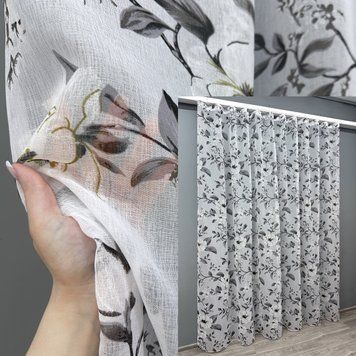 Тюль батист, колекція "Flora" колір білий з сірим принтом 1681т, Готова тюль з тасьмою (3х2,65 м.), 3,0 м., 2,65 м., 300, 265, 1,5 - 2 м., Тасьма