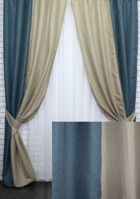 Комбинированные шторы (2шт 1,5х2,5м) из ткани "Лен Мешковина" блэкаут цвет бирюзовый с бежевым 014дк (292-511ш) 10-403