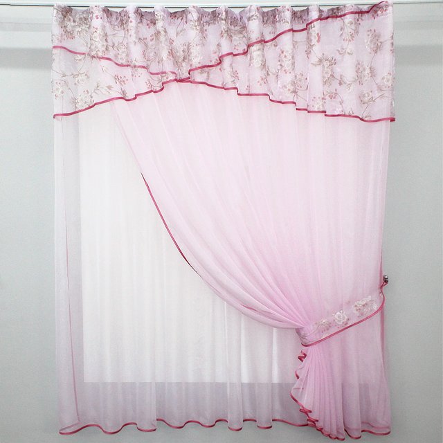 Кухонный комплект (270х170см) тюль и шторка с подхватом цвет розовый с белым 00к 59-526