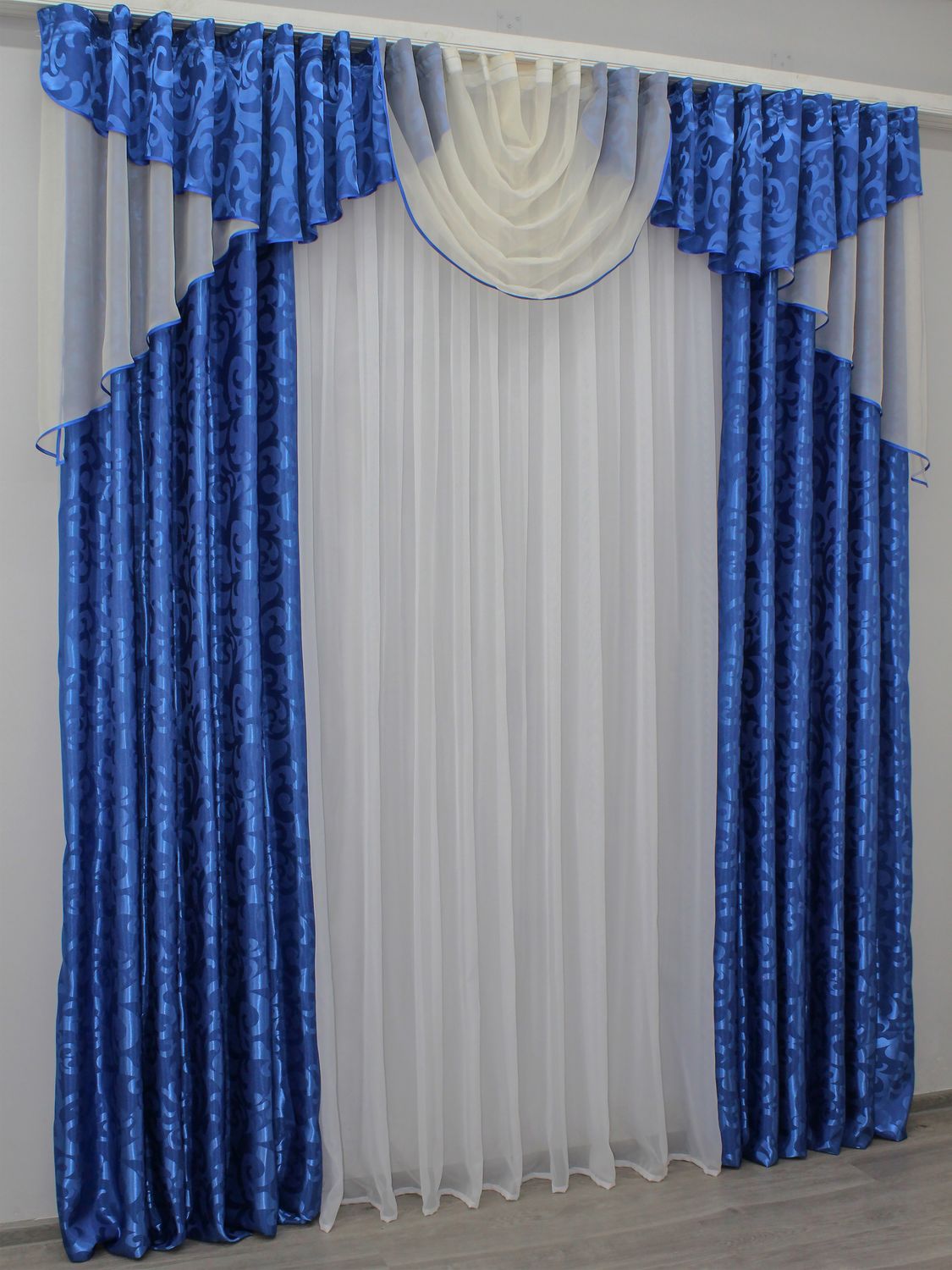 Комплект штор с ламбрекеном на карниз 3м цвет синий с белым 050лш 70-048