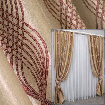 Комплект (2шт 1,0х2,7м) штор блэкаут, цвет бежевый с красным 574ш(Б) 31-308