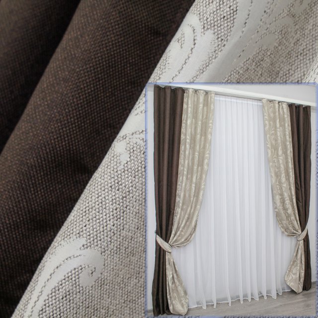Комбинированные (2шт 1,5х2,7м) шторы из ткани лён цвет венге с серо-бежевым 014дк (291-735ш) 10-540