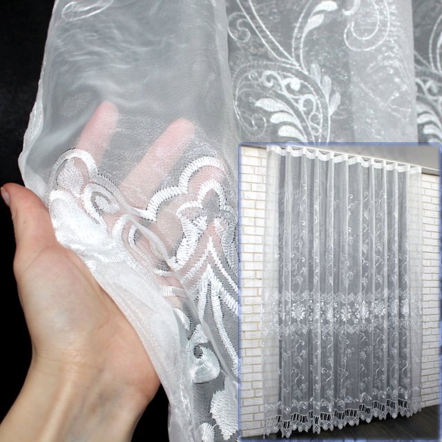 Тюль из ткани кристалон с вышивкой, "Виола" цвет белый 991т, Тюль на метраж, Нужную Вам ширину указывайте при покупке. (Ширина набирается по длине рулона.), 2,7 м.