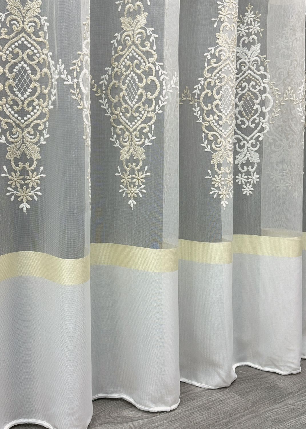 Тюль бамбук з вишивкою і люрексом колір молочний з золотистим 1710т, Готова тюль з тасьмою (3х2,7 м.), 3,0 м., 2,7 м., 300, 270, 2 - 3 м., Тасьма