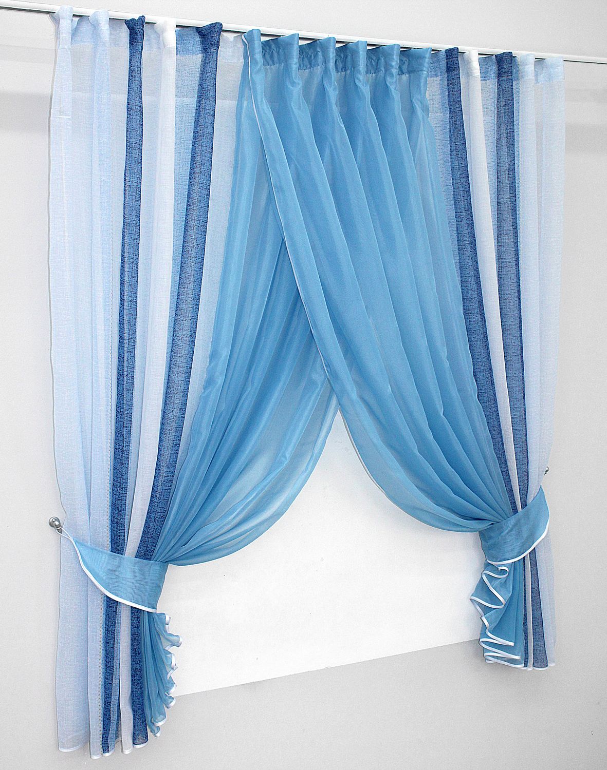 Кухонные шторки (400х170см) с подвязками цвет белый с голубым и синим 096к 59-428