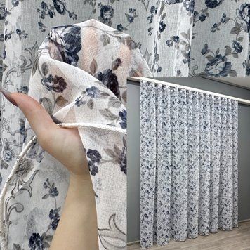 Тюль с батиста, коллекция "Flora" цвет белый с серо-голубым 416т, Готовая тюль с тесьмой (5х2,7 м.), 5,0 м., 2,7 м., 500, 270, 2 - 3 м., Тесьма