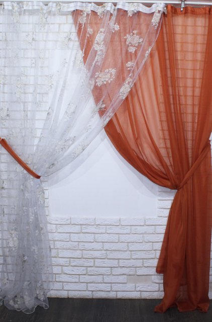 Комплект декоративных штор органза с шифоном цвет терракотовый с белым 030дк 10-003, Терракотовый с белым, Комплект штор (2шт. 1,5х2,7м.), 1,5 м., 2,7 м., 1,5 - 2 м., В комплекте 2 шт., Тесьма