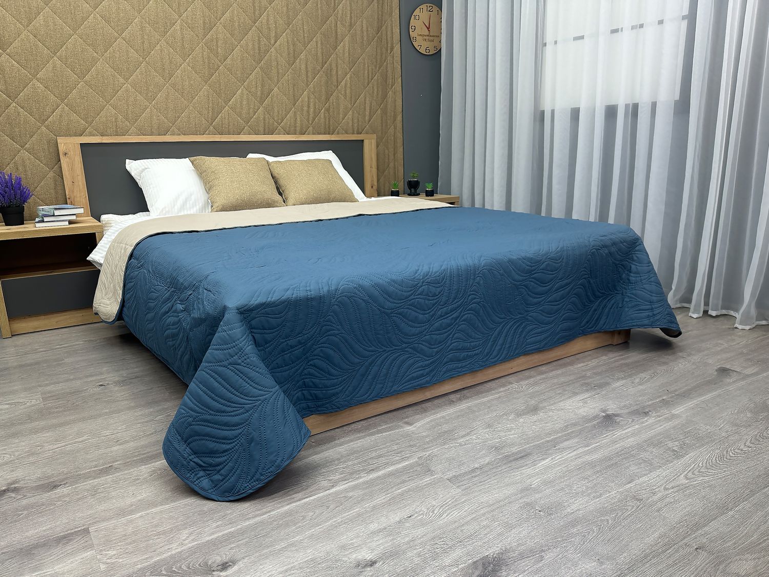 Покрывало двустороннее Decorator Microfiber листья 140х215 см синий с бежевым (85-110)