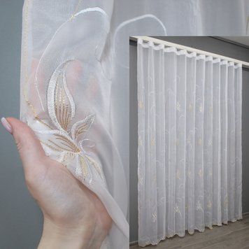 Тюль шифонова з вишивкою колір білий з кавовим 783т, Готова тюль з тасьмою (3х2,5 м.), 3,0 м., 2,5 м., 300, 250, 1,5 - 2 м., Тасьма