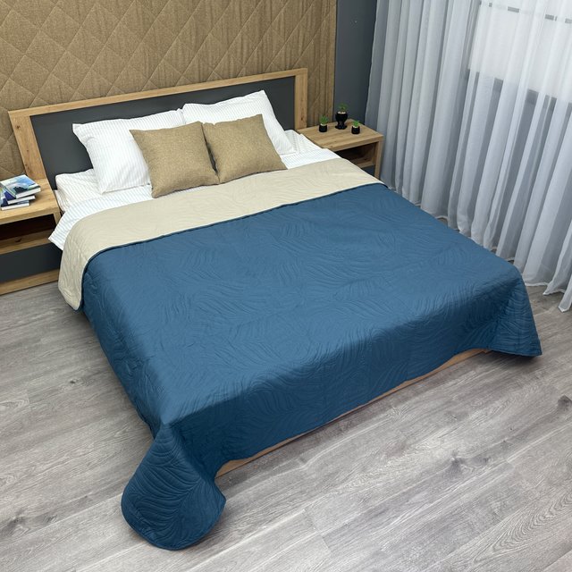 Покрывало двустороннее Decorator Microfiber листья 140х215 см синий с бежевым (85-110)