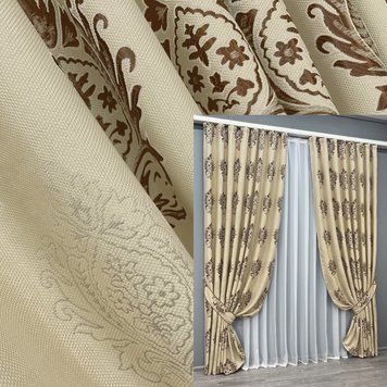 Комплект (2шт 1,5х2,7м) штор льон, колекція "Корона", колір світло-бежевий з коричневим 2057ш 33-1081