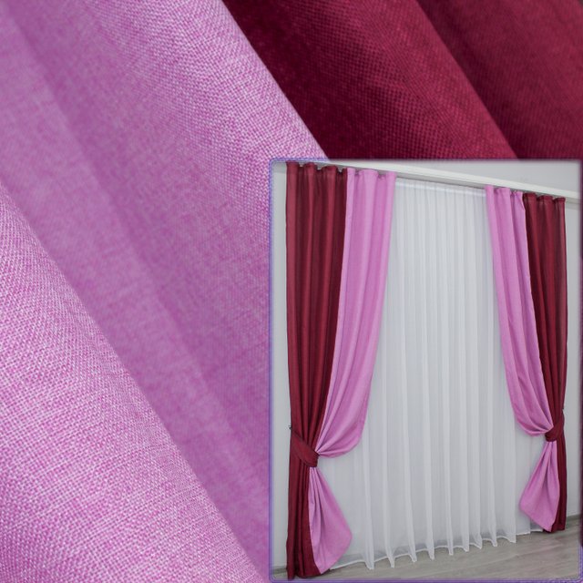 Комбинированные (2шт 1,5х2,7м) шторы из ткани лён цвет бордовый с розовым 014дк (125-112ш) 10-531