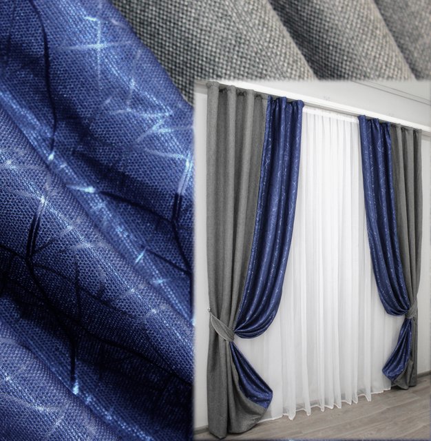 Комбинированные шторы из ткани лён-блэкаут цвет серый с синим 014дк (288-588ш), Серый с синим, Комплект штор (2шт. 1,5х2,7м.), 1,5 м., 2,7 м., 150, 270, 2 - 3 м., В комплекте 2 шт., Тесьма