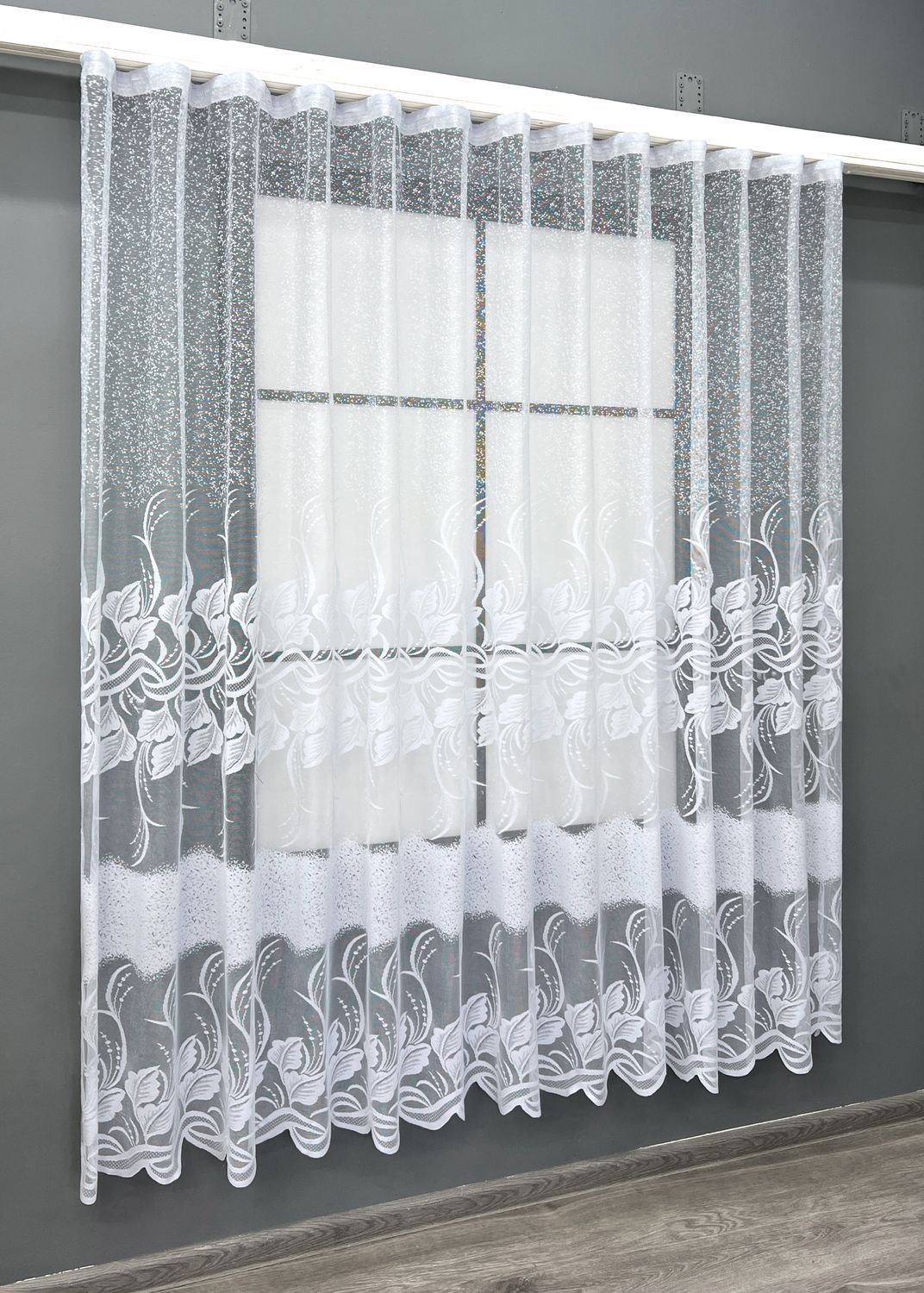 Короткий тюль, висотою 1,8м жакард колір білий 2007т, Готова тюль з тасьмою (4х1,8 м.), 4,0 м., 1,8 м., 400, 180, 2 - 3 м., Тасьма