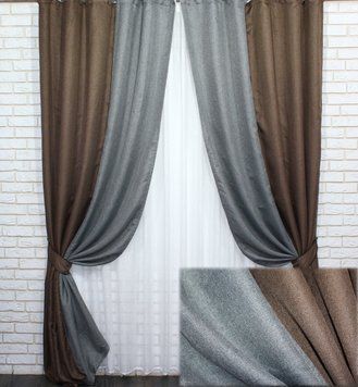 Комбинированные (2 шт 1,4х2,7м) шторы из ткани лён-блэкаут, цвет коричневый с серым 014дк (288-277ш) 10-397