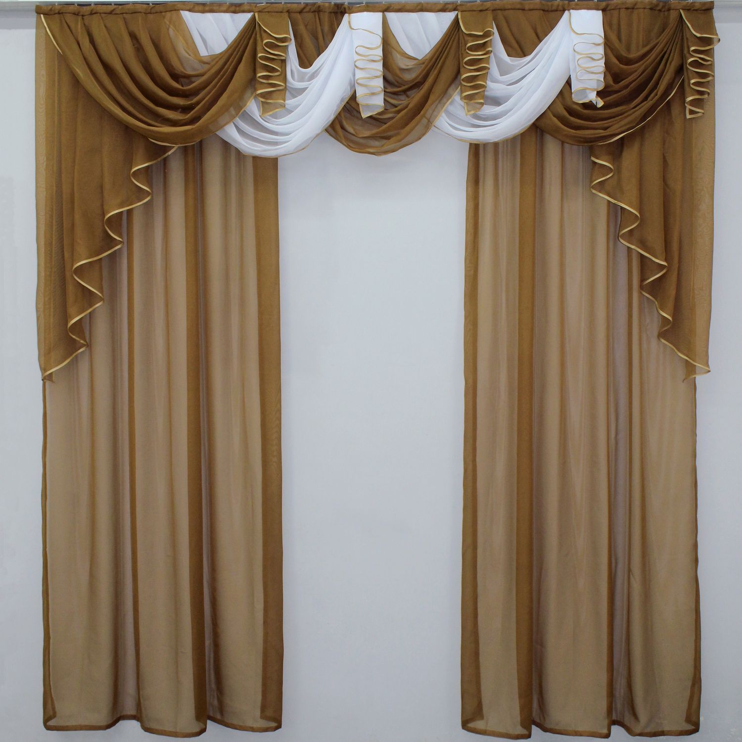 Готовий комплект декоративних штор з ламбрекеном на карниз 2,5м колір коричневий з білим 005лш 70-050