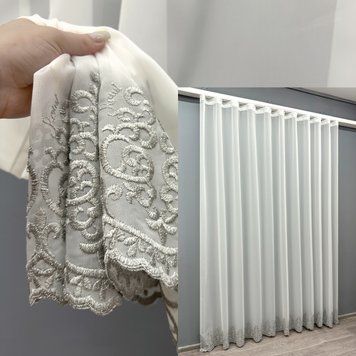 Тюль креп з вишивкою і люрексом колір молочний з сірим 1819т, Готова тюль з тасьмою (4х2,5 м.), 4,0 м., 2,5 м., 400, 250, 2 - 2,5 м., Тасьма