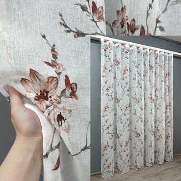 Тюль батист, коллекция "Flora" цвет белый с терракотово-серым принтом 1539т, Готовая тюль с тесьмой (4х2,7 м.), 4,0 м., 2,7 м., 400, 270, 2 - 2,5 м., Тесьма