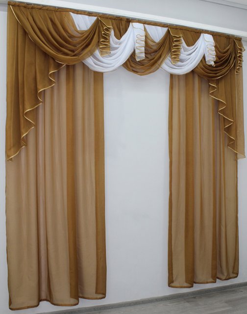 Готовий комплект декоративних штор з ламбрекеном на карниз 2,5м колір коричневий з білим 005лш 70-050
