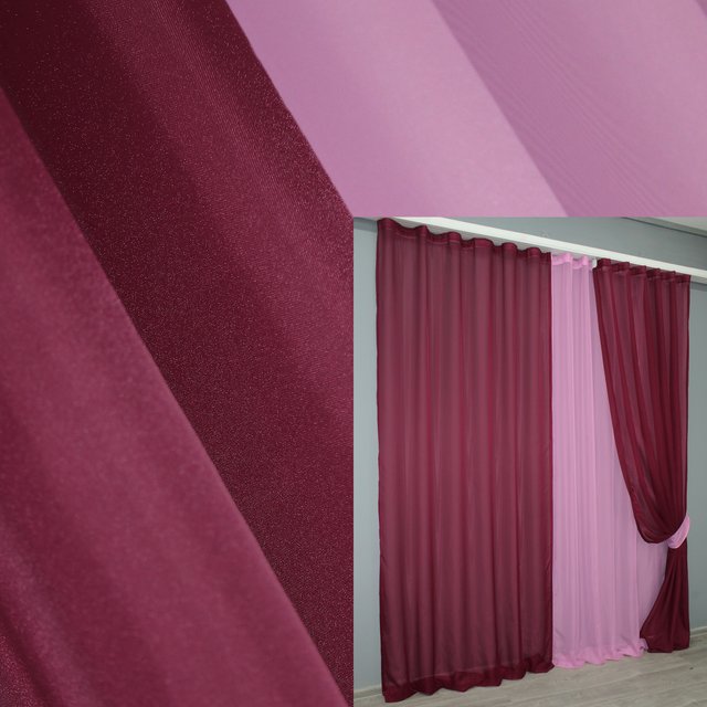 Комплект штор из шифона цвет бордовый с розовым 011дк (н113-н111), Бордовый с розовым, Комплект штор (3 шт. 1,5х2,9 м.), 1,5 м., 2,9 м., В комплекте 1 шт., Тесьма