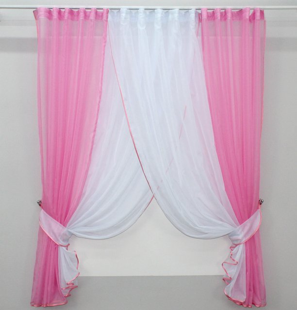 Кухонные шторки (400х170см) с подвязками цвет розовый с белым 096к 50-807