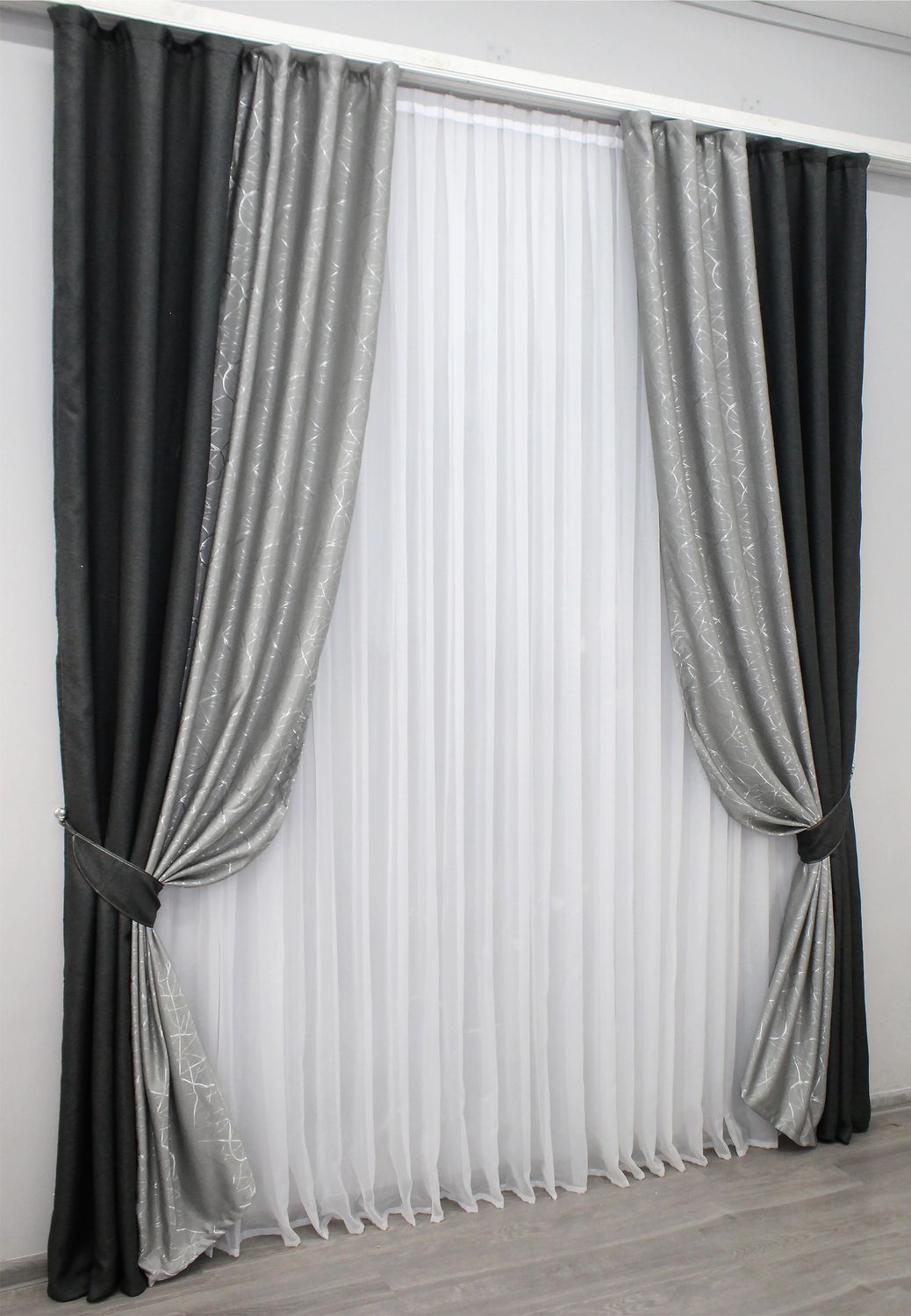 Комбіновані штори з тканини льон колір темно-сірий з сірим 014дк (635-1221ш), Темно-сірий з сірим, Комплект штор (2 шт. 1,5х2,7 м.), 1,5 м., 2,7 м., 150, 270, 2 - 3 м., В комплекті 2 шт., Тасьма