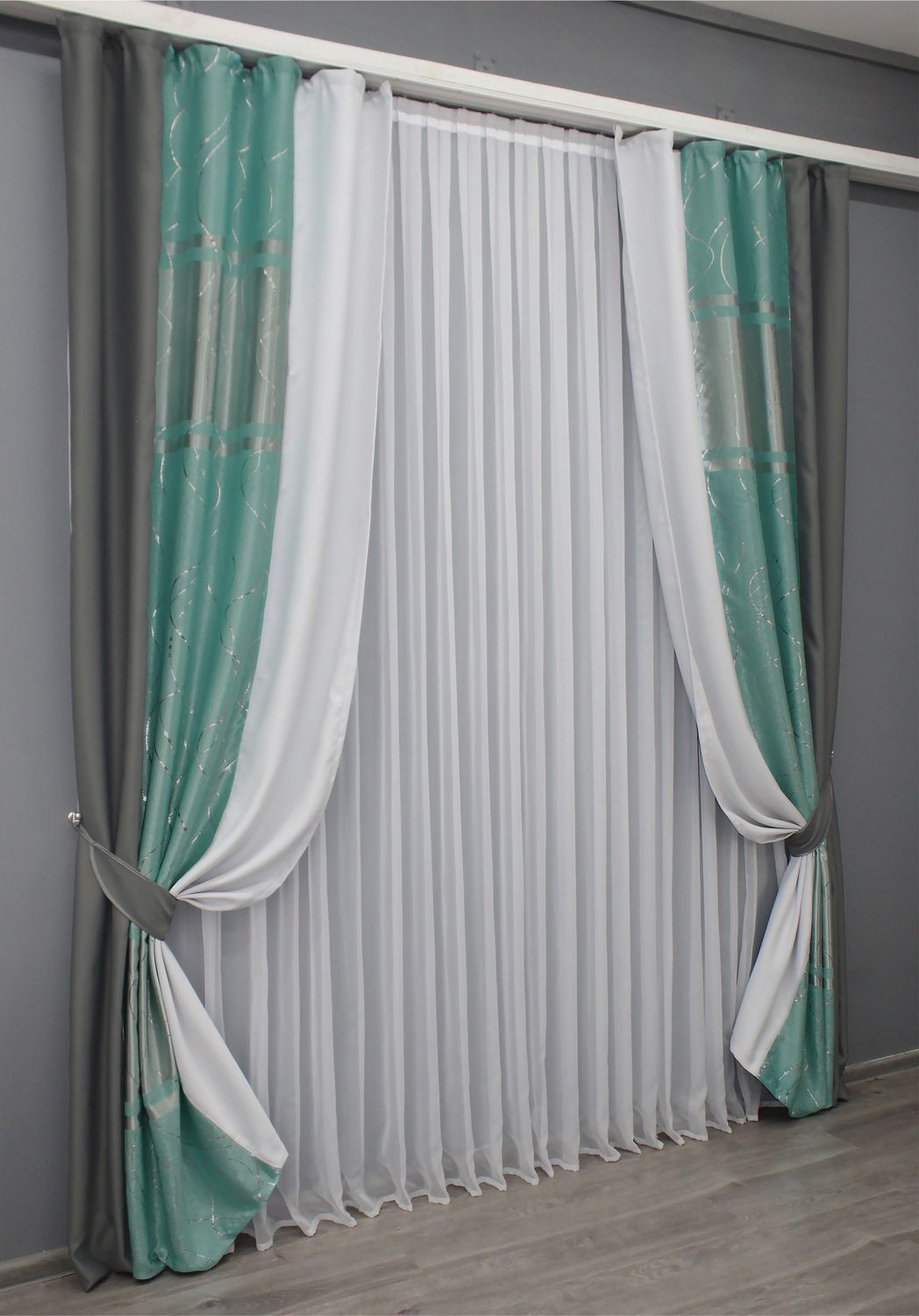 Комбинированные (2 шт 1,4х2,7м) шторы блэкаут-софт, цвет графитовый с бирюзово-серым 016дк (793-464-826ш) 11-0099