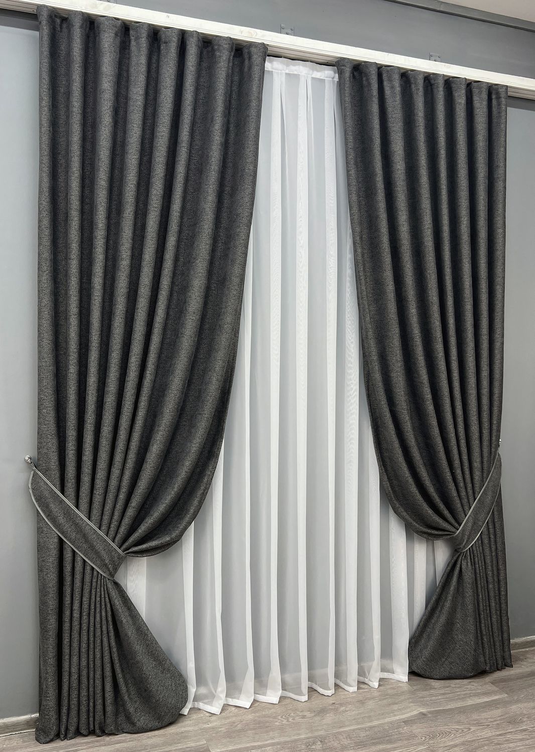 Комплект (2шт 1,5х3,0м) штор фактурный лен премиум, коллекция "Grand Linen", цвет графитовый 2028ш 33-1027