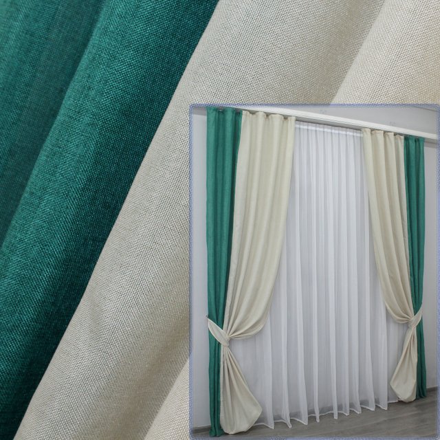 Комбинированные (2шт 1,5х2,7м) шторы из ткани лён цвет бирюзовый с бежевым 014дк (111-114ш) 10-541