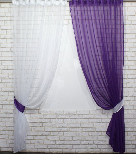 Комплект декоративних штор з шифону, колір фіолетовий з білим. Код 026дк 10-413, Комплект штор (2 шт. 2,0х2,5 м.), 2 м., 2,5 м., 200, 250, 2 - 3 м., В комплекті 2 шт., Тасьма
