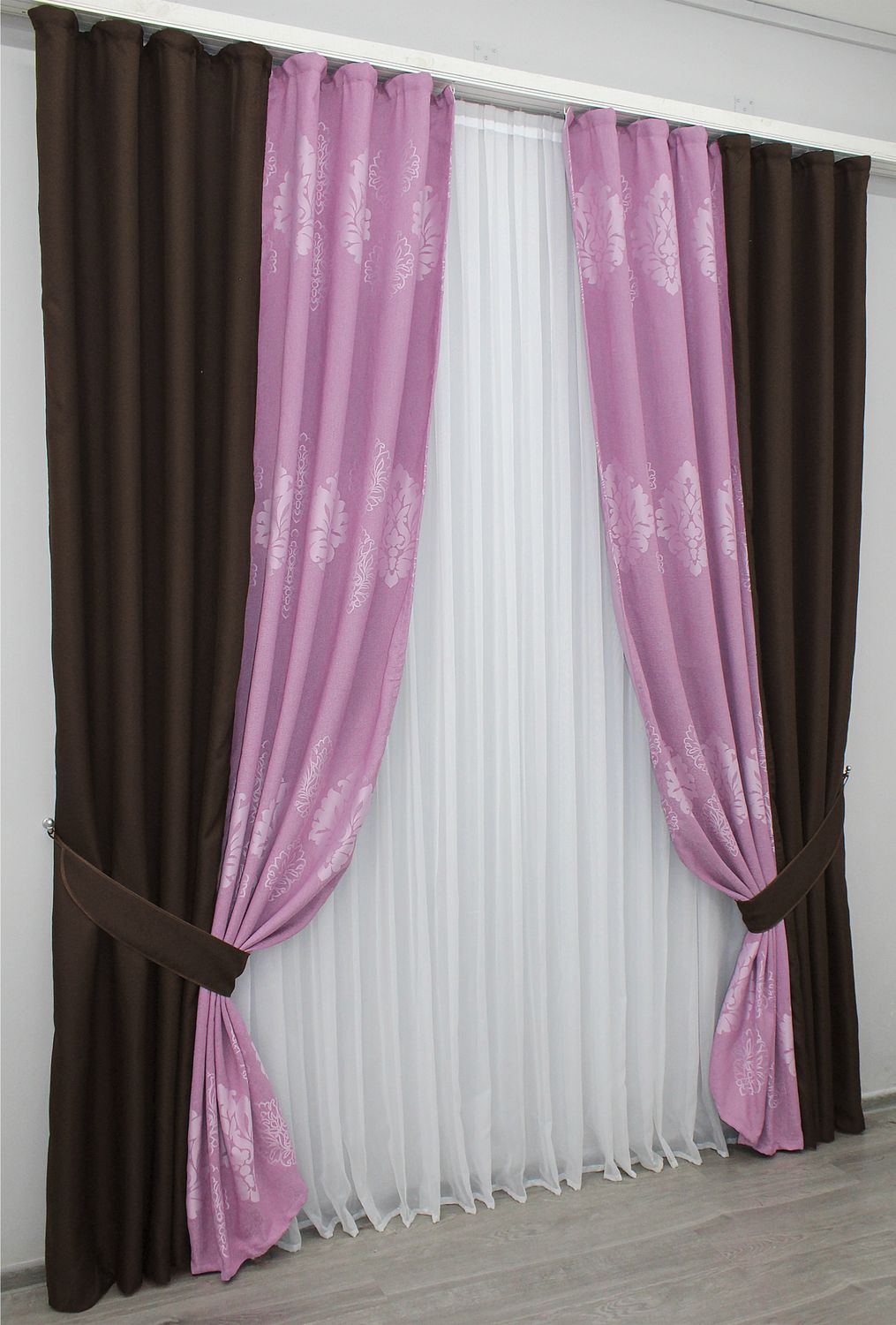 Комбинированные шторы из ткани лён-блэкаут цвет венге с розовым 014дк (291-1128ш), Венге с розовым, Комплект штор (2 шт. 2,0х2,7 м.), Классические, Длинные, 2 м., 2,7 м., 200, 270, 3 - 4 м., В комплекте 2 шт., Тесьма