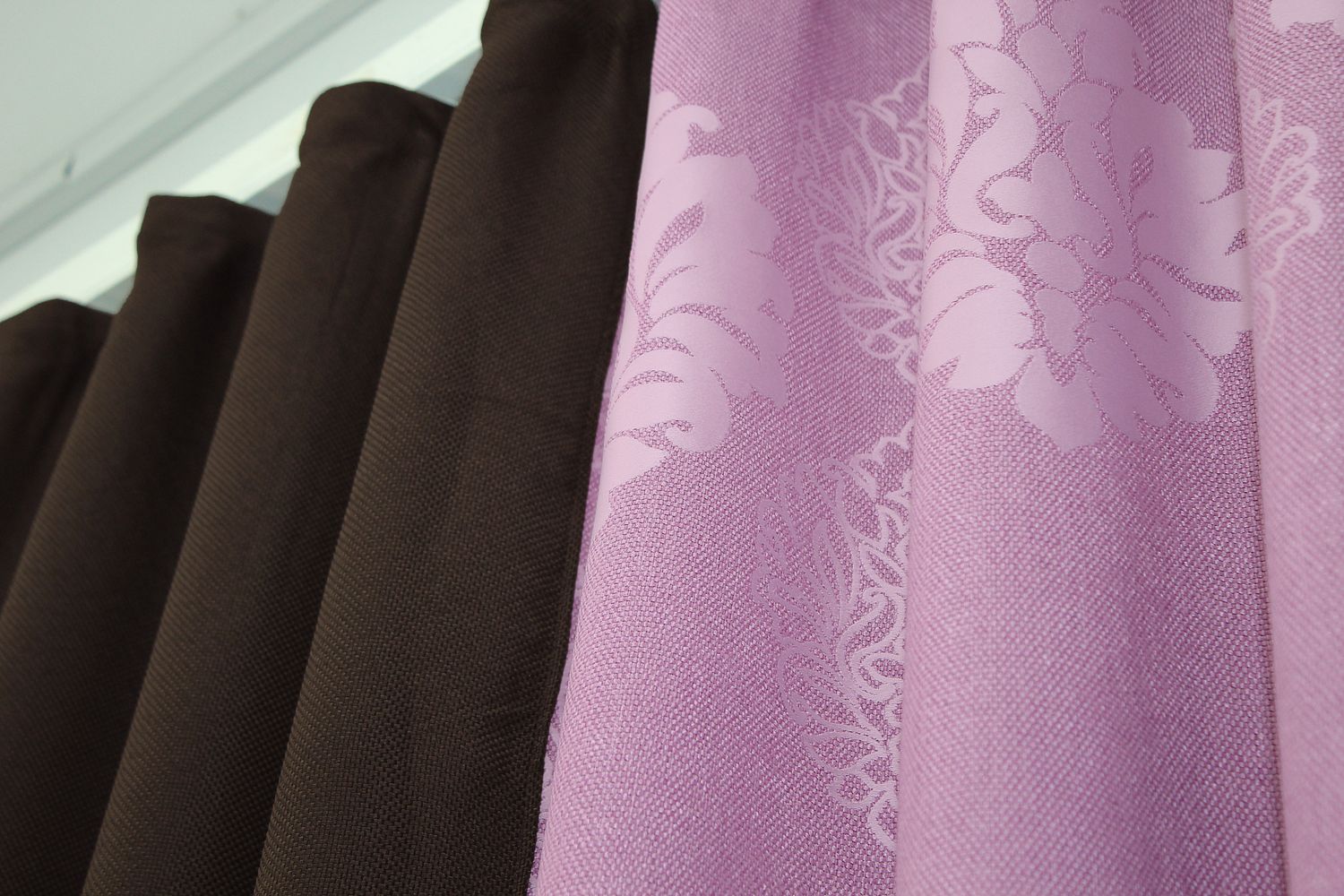Комбинированные шторы из ткани лён-блэкаут цвет венге с розовым 014дк (291-1128ш), Венге с розовым, Комплект штор (2 шт. 2,0х2,7 м.), Классические, Длинные, 2 м., 2,7 м., 200, 270, 3 - 4 м., В комплекте 2 шт., Тесьма