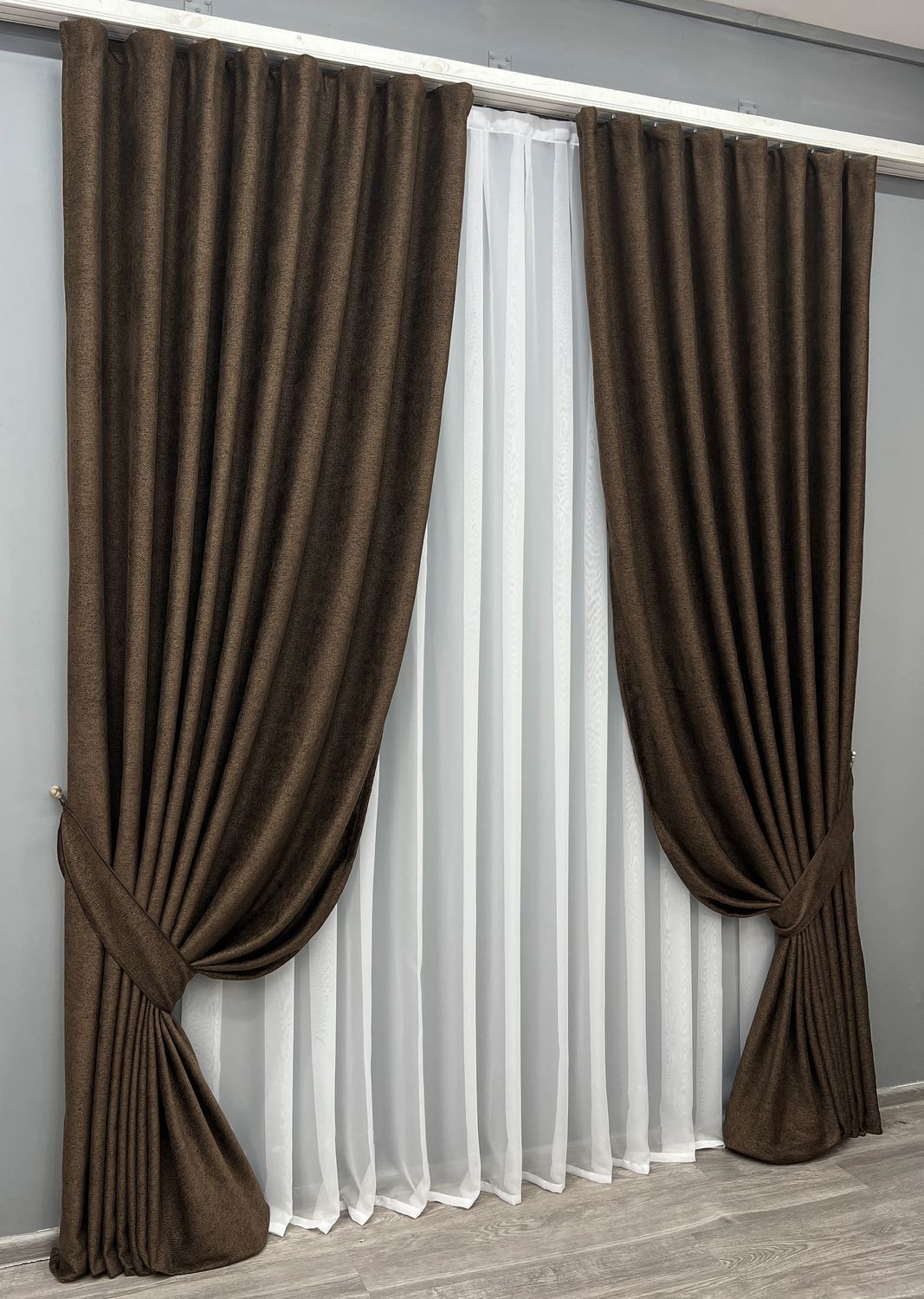 Комплект (2шт 1,5х3,0м) штор фактурний льон преміум, колекція &ldquo;Grand Linen&rdquo;, колір коричневий 2026ш 33-1025