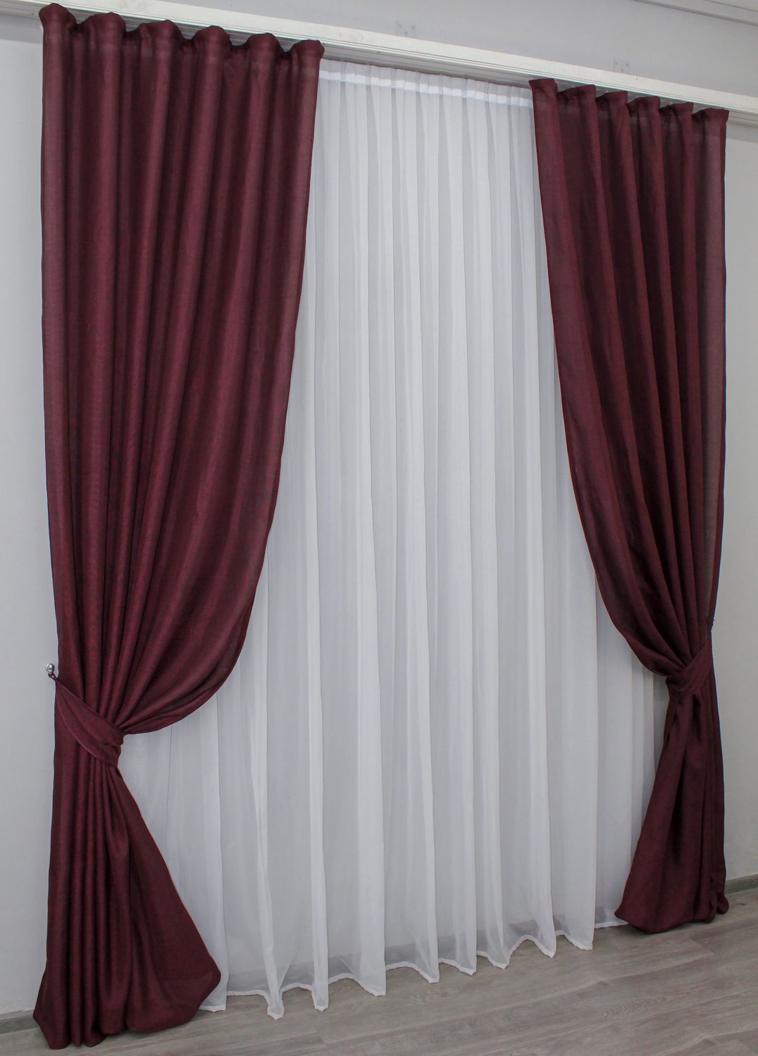 Комплект (2шт 1,5х2,85м) штор с ткани лен, коллекция "Лён Мешковина", цвет бордовый 1059ш 30-859