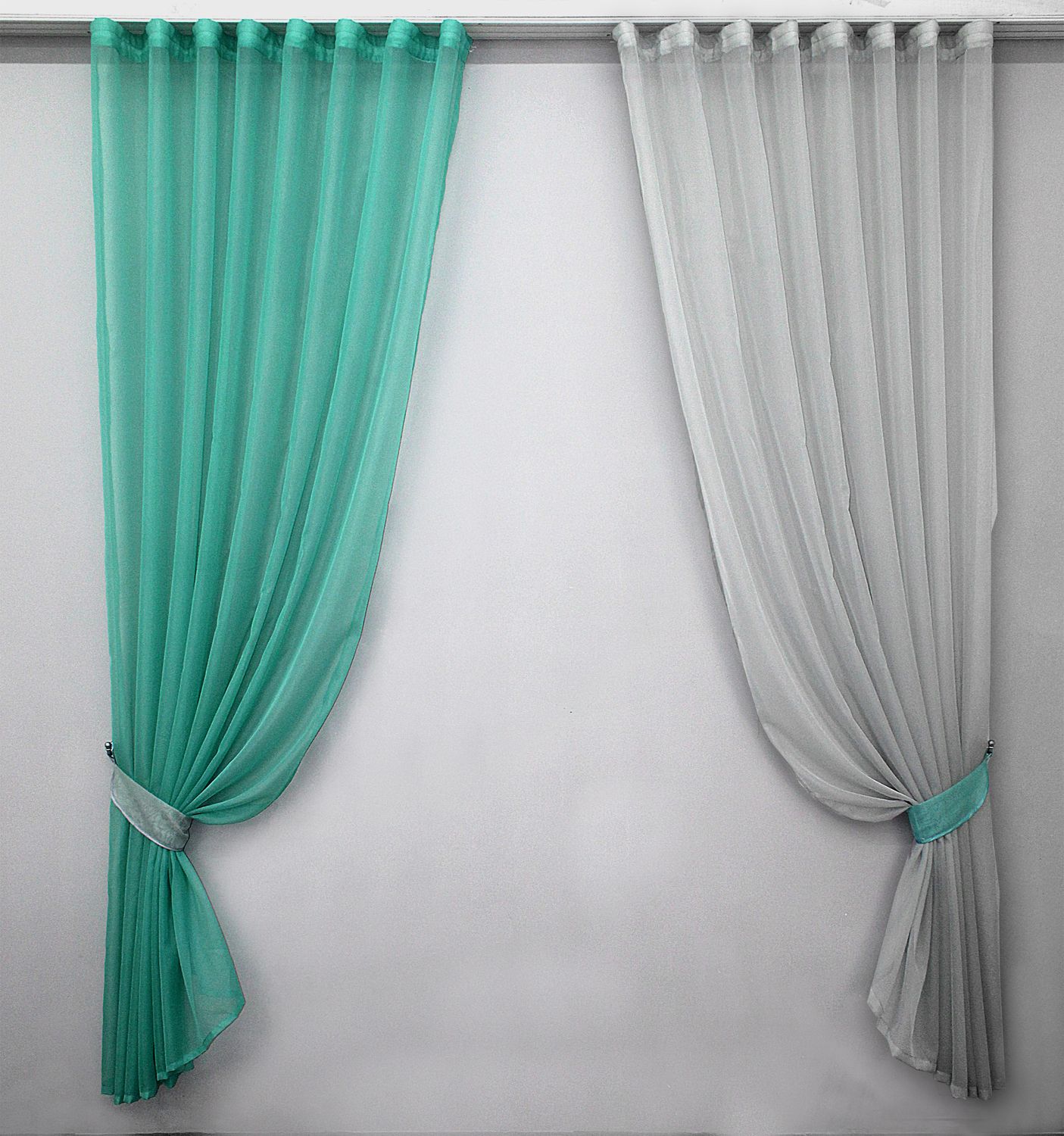 Готовий (2шт2х2,5м) комплект декоративних штор з шифону колір бірюзовий з світло-сірим 006дк 10-669