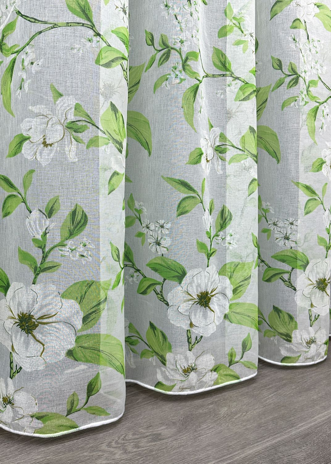 Тюль батист, коллекция "Flora" цвет белый с салатовым 1809т, Готовая тюль с тесьмой (4х2,7 м.), 4,0 м., 2,7 м., 400, 270, 2 - 2,5 м., Тесьма