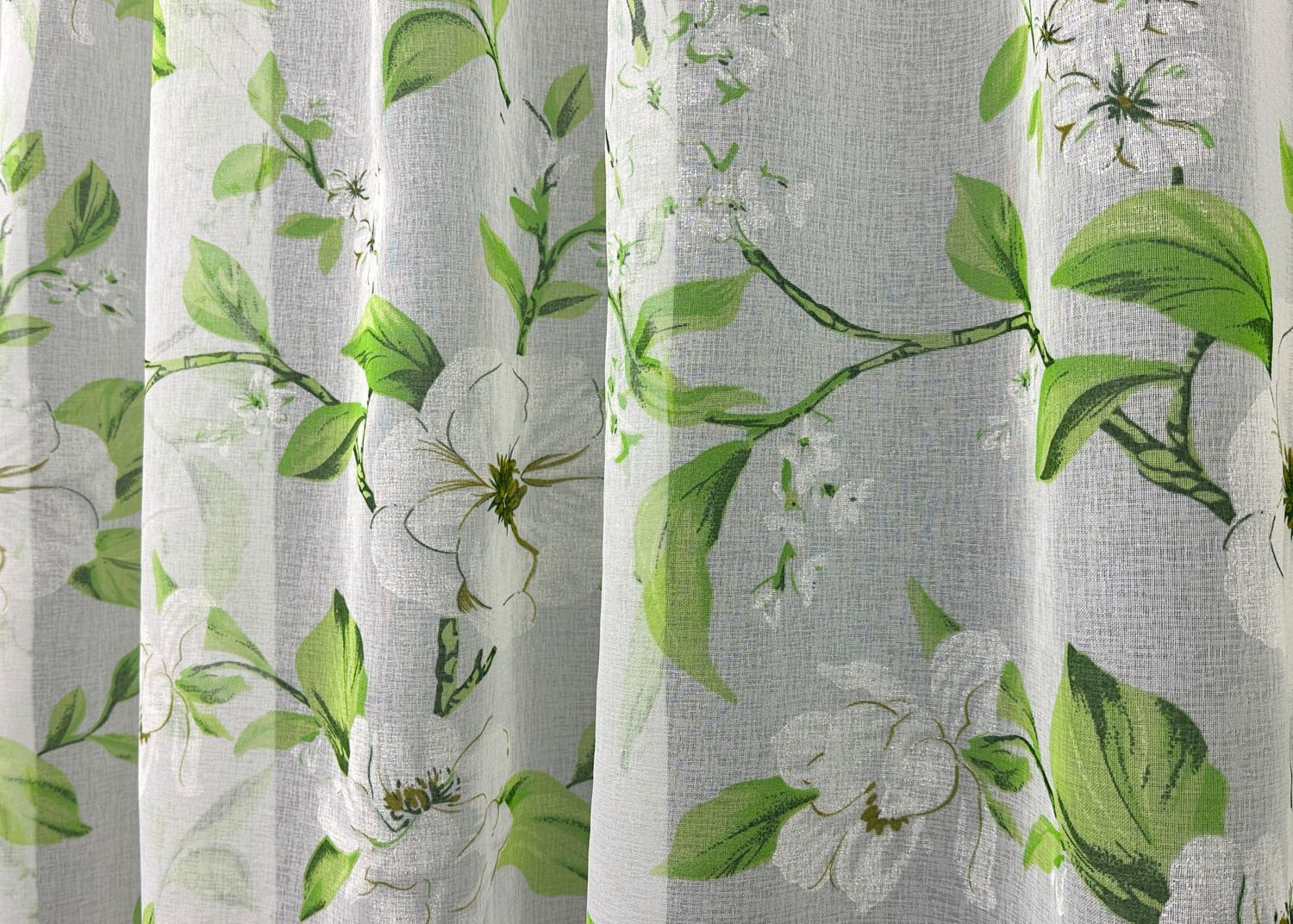 Тюль батист, коллекция "Flora" цвет белый с салатовым 1809т, Готовая тюль с тесьмой (4х2,7 м.), 4,0 м., 2,7 м., 400, 270, 2 - 2,5 м., Тесьма