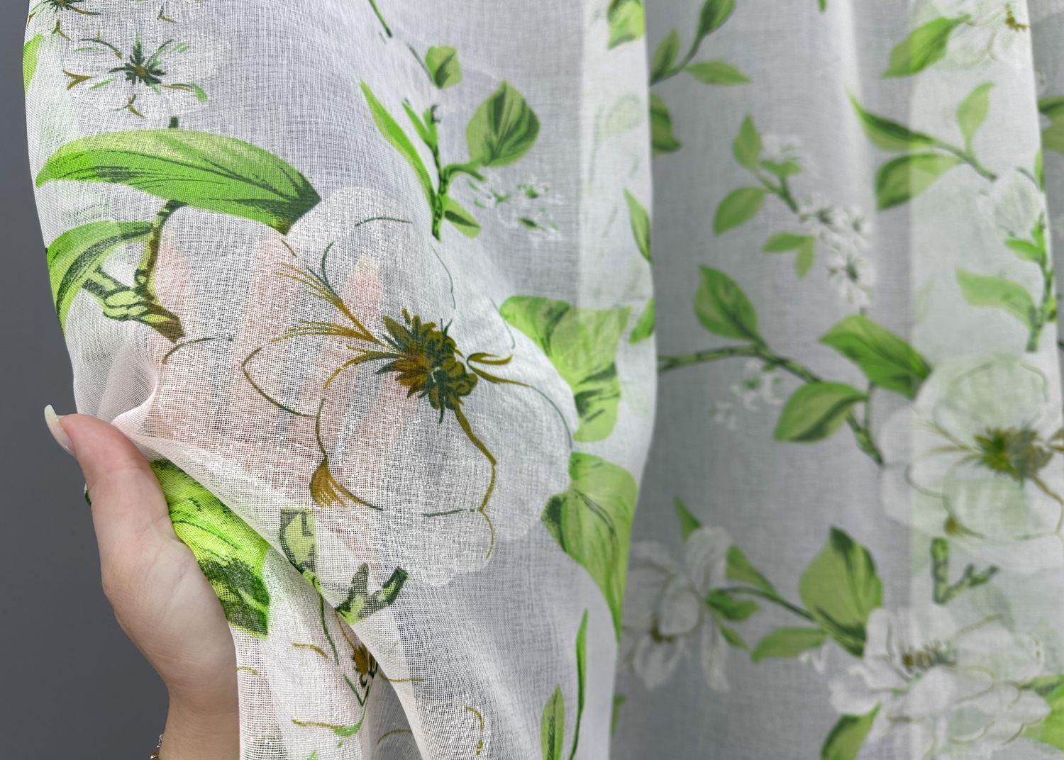 Тюль батист, коллекция "Flora" цвет белый с салатовым 1809т, Готовая тюль с тесьмой (4х2,7 м.), 4,0 м., 2,7 м., 400, 270, 2 - 2,5 м., Тесьма
