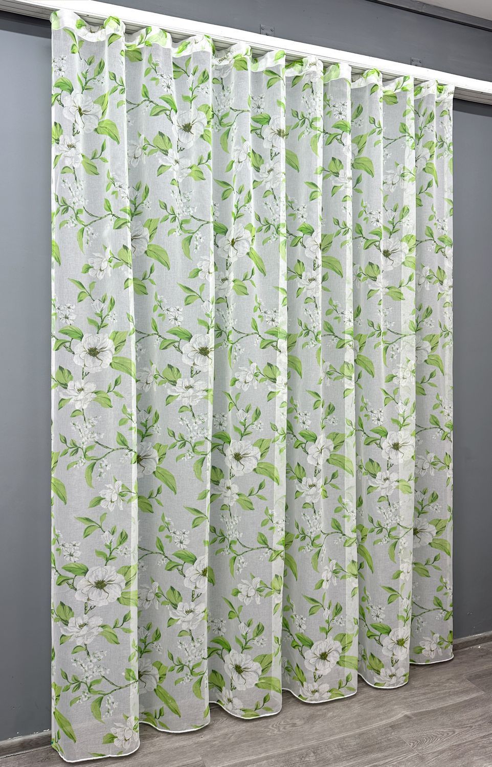 Тюль батист, коллекция "Flora" цвет белый с салатовым 1809т, Готовая тюль с тесьмой (4х2,7 м.), 4,0 м., 2,7 м., 400, 270, 2 - 2,5 м., Тесьма