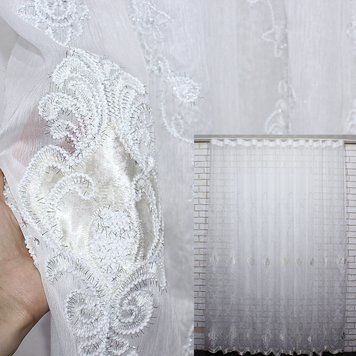 Тюль батист с вышивкой цвет белый с серебристым и бежевым 851т, Тюль на метраж, Без крепления, ткань на отрез, Нужную Вам ширину указывайте при покупке. (Ширина набирается по длине рулона.), 2,7 м.