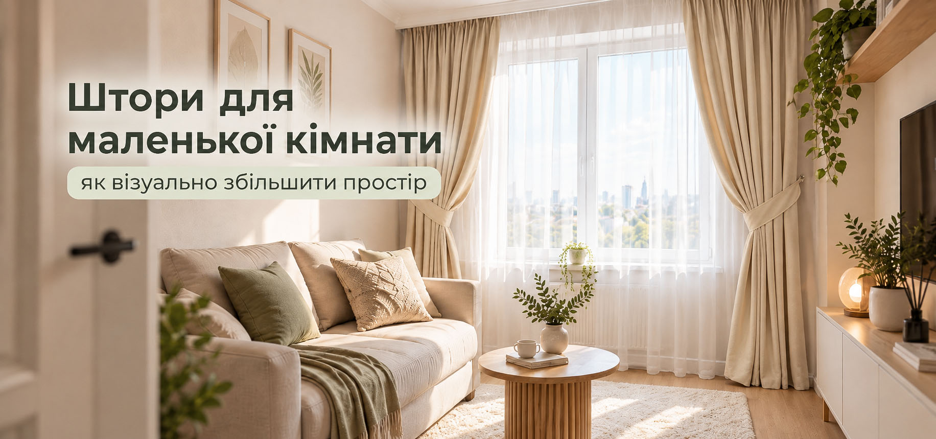 светлые шторы от потолка до пола в маленькой комнате для визуального увеличения пространства