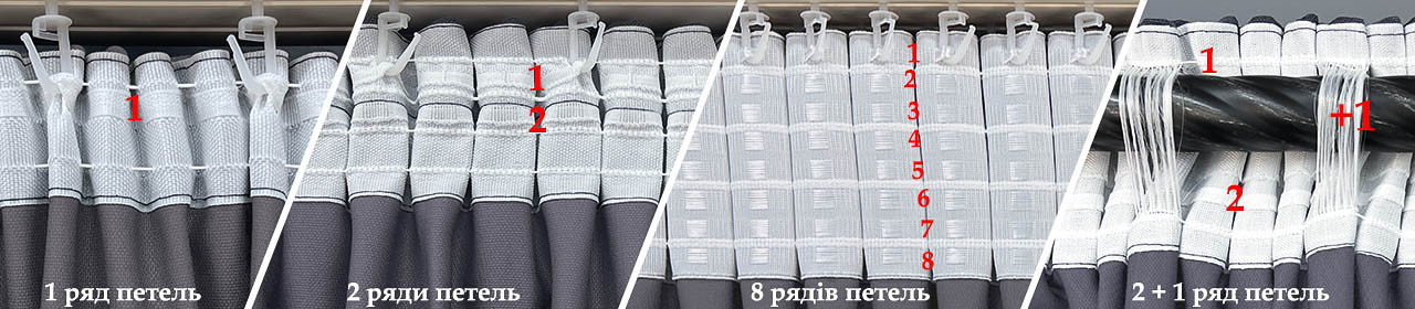 Порівняння тасьми з різною кількістю рядів петель для гачків